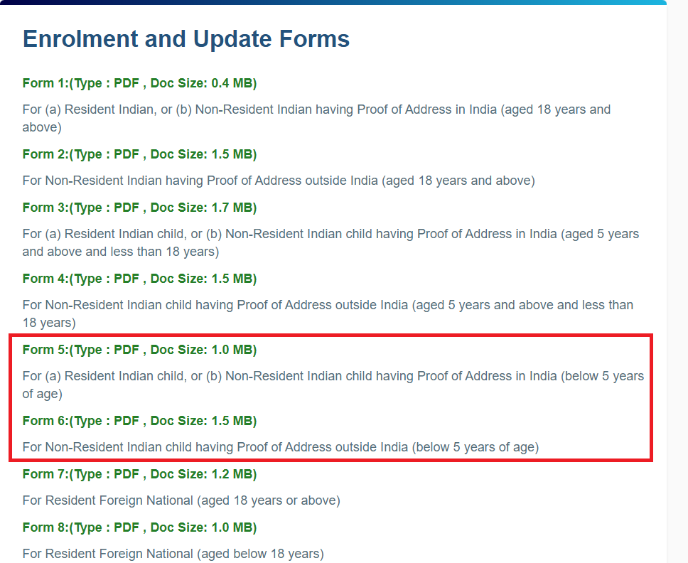 Baal Aadhaar Enrolment Form