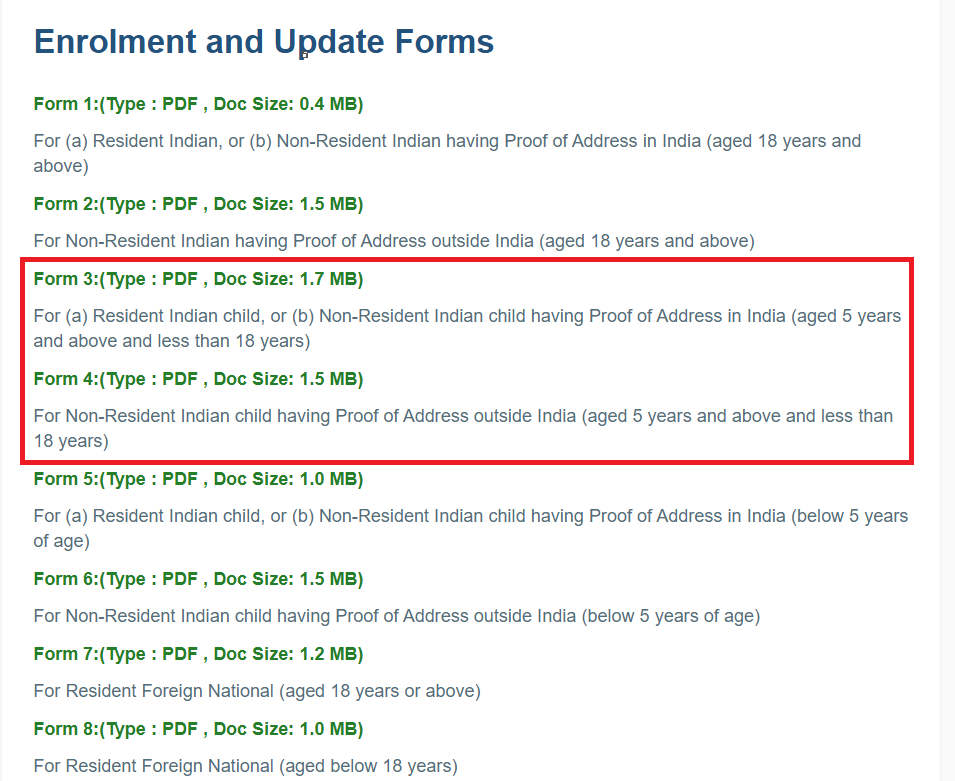 Baal Aadhaar Enrolment Form